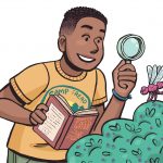 An illustration of a Black teen in a yellow Camp iREAD t-shirt looking at a red dragonfly perched on a green bush through a magnifying glass.