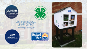 An infographic featuring the Library's Little Free Food Pantry and its sponsors: United Way, Illinois Extension, 4H, and SSM Health.