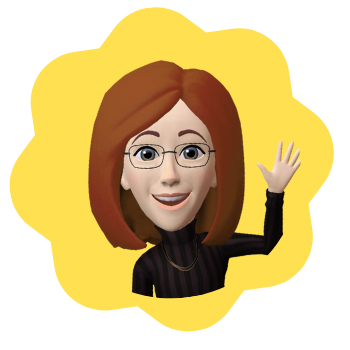 A cartoon version of Miss Rita waving in a yellow circle.