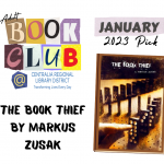 A flyer announcing the Book Club title for January 2023: The Book Thief by Markus Zusak.
