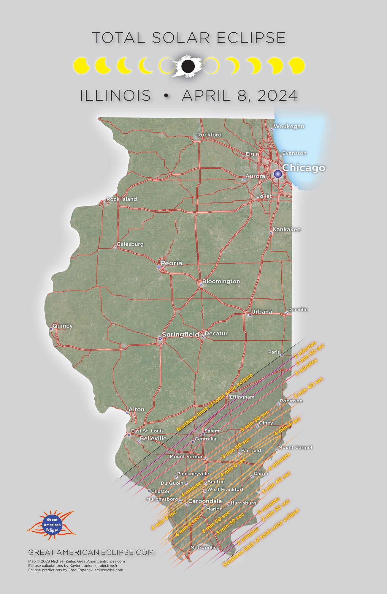 A map of Illinois showing the Totality range for the 2024 total solar eclipse.