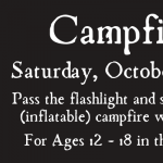 A banner for Campfire Scares for ages 12-18 on Saturday, October 28, from 4-5pm. Click the banner for more details.
