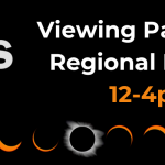 A banner for the 2024 eclipse viewing party on April 8 at the library. Click the banner for more details.