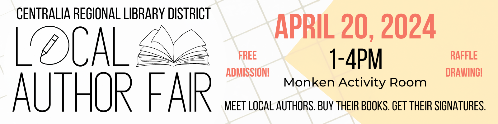 A banner for the Local Author Fair on April 20, 2024 from 1-4pm. Click the banner for more details.