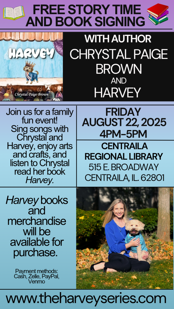 Harvey books and merchandise will be available for purchase. Payment methods: Cash, Zelle, PayPal, Venmo. www.theharveyseries.com