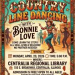 Y'all are invited! Country line dancing with Bonnie Love. Come learn the steps. All skill levels welcome. No partner needed. Monday, April 20, 2026 at 5pm. Admission is free and open to all ages. Refreshments provided.