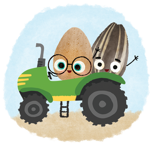 Picture book characters The Good Egg and The Bad Seed riding a tractor, waving and smiling at the viewer.