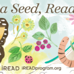 A banner featuring flowers, berries, a ladybug, a butterfly, and a smiling worm crawling from under a book like it's a tent.