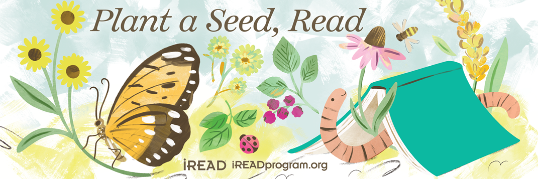 A banner featuring flowers, berries, a ladybug, a butterfly, and a smiling worm crawling from under a book like it's a tent.